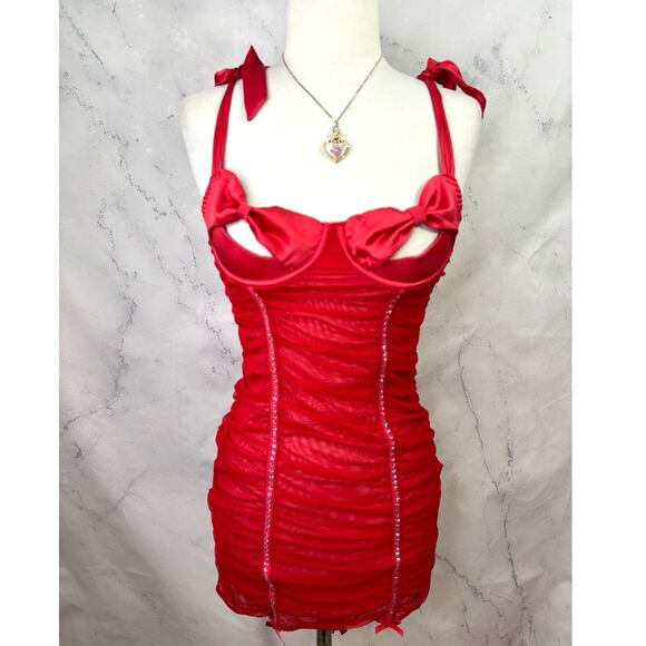 y2k Victoria Secret Lingerie Babydoll Dress Red Rhinestone Bling Bow Peek A Boo - Picture 1 of 16